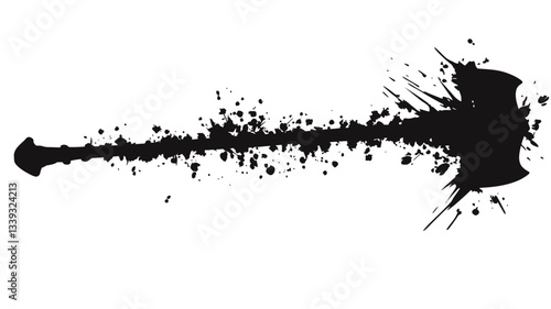 The image is a high-contrast monochrome graphic depicting a stylized gavel rendered in black ink splatters against a white background.  The gavel's form is suggested through the concentrated and