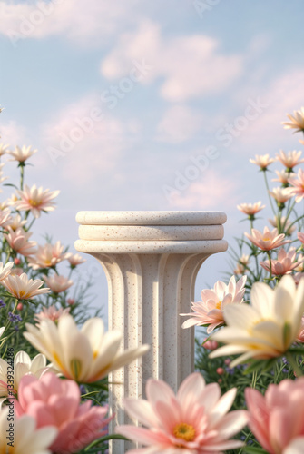 Natural beauty podium backdrop with spring rose flower field scene. 3d rendering. 