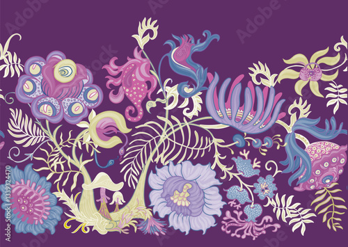 Fantasy, alien hypnotic flowers, decorative flowers and leaves. Cartoon style. Millefleurs trendy floral design. Seamless pattern, background. Outline hand drawing vector illustration.