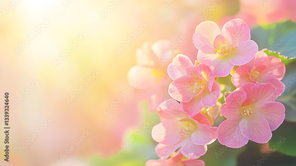 Delicate Pink Begonia Blossoms Bathed in Soft Sunlight with a Blurred Background Delicate Pink Begonia Blossoms Bathed in Soft Sunlight with a Blurred Background
