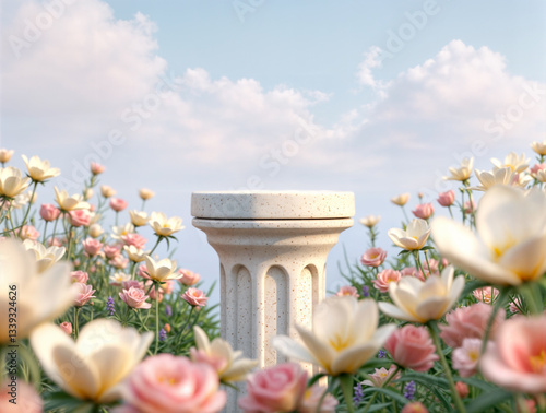 Natural beauty podium backdrop with spring rose flower field scene. 3d rendering. 