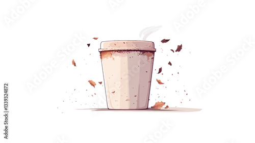 A digital illustration of a disposable coffee cup emitting steam. The cup is light beige with a darker brown lid.  Small brown particles, possibly coffee grounds or spices, are depicted around the