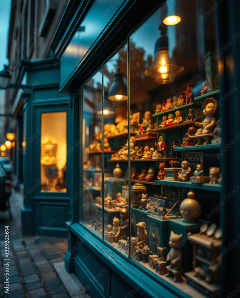Fototapeta premium Trinkets and dreams linger in the storefront window of an antique shop on a quiet cobblestone street at dusk