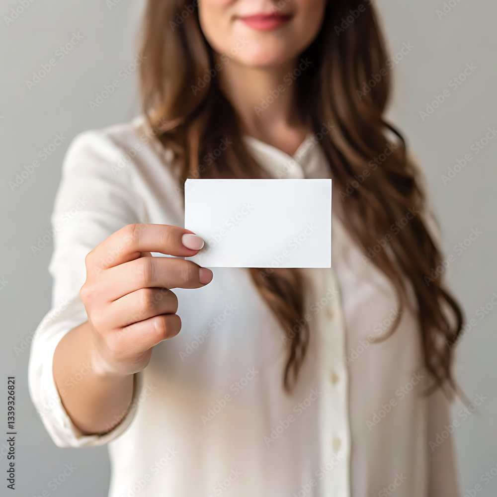 Woman displaying blank business card against neutral background Woman displaying blank business card against neutral background