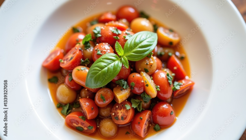 Rustic Sicilian caponata with stewed tomatoes and fresh basil Rustic Sicilian caponata with stewed tomatoes and fresh basil