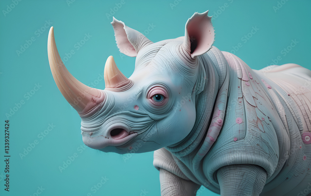 portrait of soft colorful cute rhinoceros against green-turquoise background. Digital artwork. Ai generated