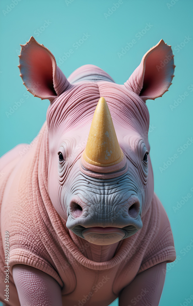 portrait of soft colorful cute rhinoceros against green-turquoise background. Digital artwork. Ai generated