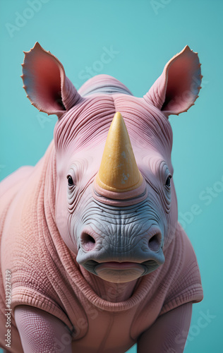 Obraz na płótnie portrait of soft colorful cute rhinoceros against green-turquoise background. Digital artwork. Ai generated w salonie