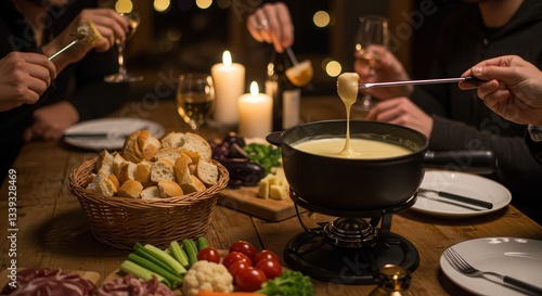 Enjoying Cheese Fondue Dinner with Bread and Vegetables Together
