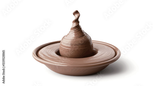 Close-up studio shot of a bowl of dark brown chocolate ganache. The ganache is thick and viscous, with a swirling, spiraling texture. A portion of the ganache is raised in the center, forming a