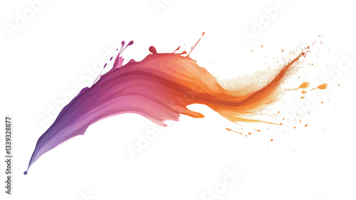 The image shows an abstract representation of a colorful liquid splash against a white background.  The splash is dynamic and flowing, with a gradient of colors transitioning from purple to orange