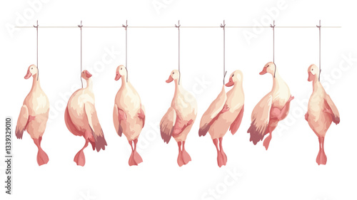 A watercolor illustration depicts seven ducks hanging upside down in a row from a thin, light gray line against a white background.  The ducks are rendered in shades of pink and white, with subtle