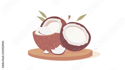 A digital illustration depicting two halved coconuts on a light brown, round wooden board. The coconuts are shown with white flesh and brown outer shells.  Small green leaves are positioned above