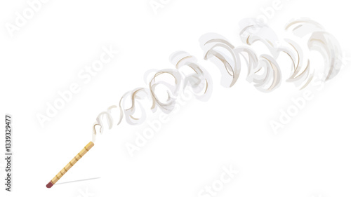 Close-up shot of a lit incense stick with a swirling trail of light grey and white smoke against a pure white background. The smoke forms a dynamic, abstract pattern of curls and swirls, exhibiting