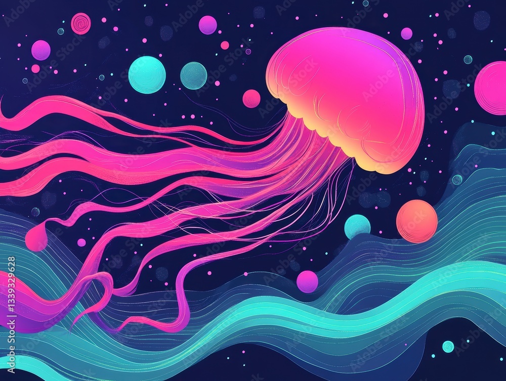 A glowing pink jellyfish drifting through a cosmic ocean with abstract waves and celestial elements. A glowing pink jellyfish drifting through a cosmic ocean with abstract waves and celestial elements.