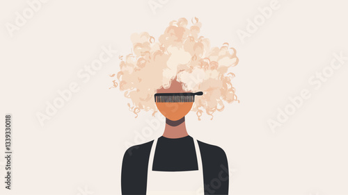 The image is a minimalist vector illustration of a woman's head and shoulders.  The woman has large, voluminous, light blonde curly hair that obscures her face. A thin, horizontal, dark orange bar