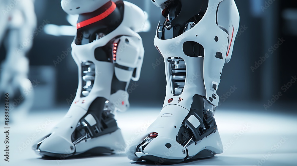 Close-up of futuristic robotic legs, showcasing advanced technology and design