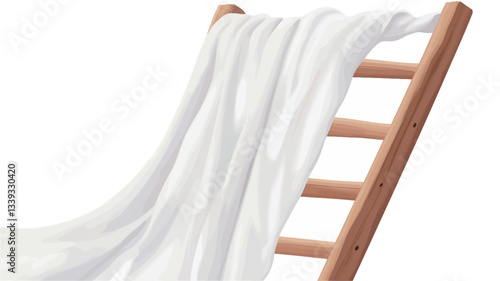 Close-up studio shot of a pristine white towel draped over a light brown wooden drying rack. The towel is smooth and appears soft, with vertical folds visible. The wooden rack is composed of evenly