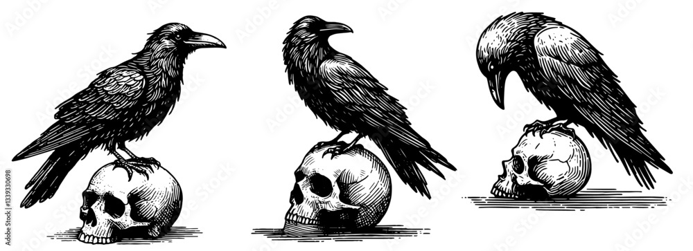 Naklejka premium dark gothic illustration of ravens perched on human skulls in vintage engraving style