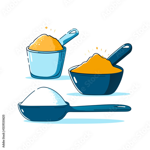 Measuring spoons with ingredients vector illustration. Features scoops filled with flour, sugar, and spices in a modern, clean style.