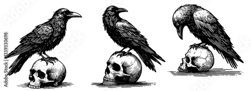 dark gothic illustration of ravens perched on human skulls in vintage engraving style