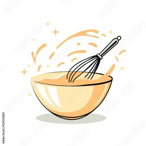 Whisk stirring batter in a bowl vector with dynamic splashes and sparkles, symbolizing energetic baking and kitchen preparation. Warm and inviting illustration.