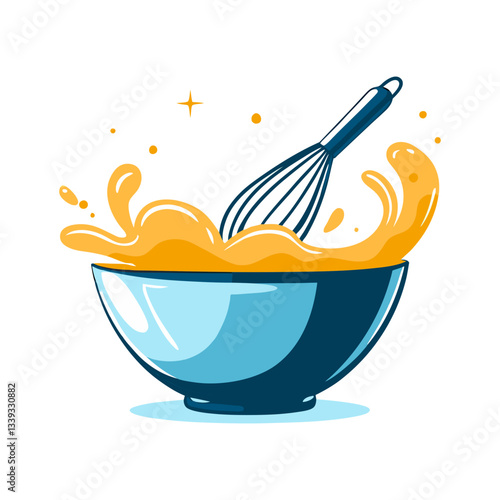Whisk mixing batter in a bowl vector with dynamic splashes, symbolizing energetic baking and kitchen preparation. Vibrant and modern illustration.