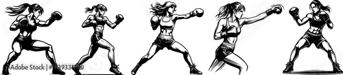female boxer action pose set with powerful movements and athletic form vector