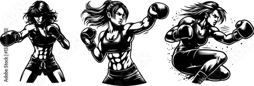female boxer illustration set with intense athletic movements in black and white vector