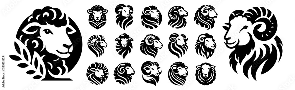 ram and sheep head illustration set with bold stylized designs vector