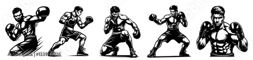 set of muscular male boxers in powerful poses with dynamic shading and strong contrast