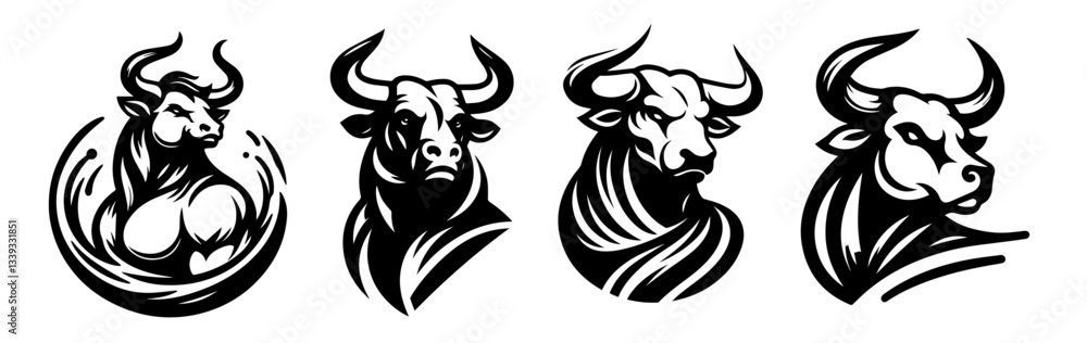 Obraz premium bull head illustration set with strong and aggressive graphic style vector