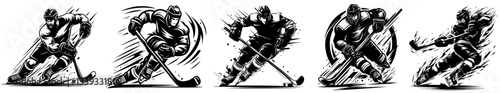 Photography ice hockey player illustration set with dynamic action poses in bold graphic sty