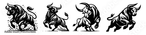 collection of powerful running and fighting bulls drawn in dynamic tattoo style