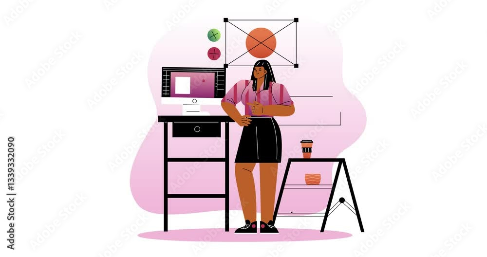 Creative designer. Moving banner with smiling female graphic designer developing creative design on computer software. Cartoon flat animated graphics Creative designer. Moving banner with smiling female graphic designer developing creative design on computer software. Cartoon flat animated graphics