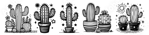 cute black and white vector cactus illustrations in pots