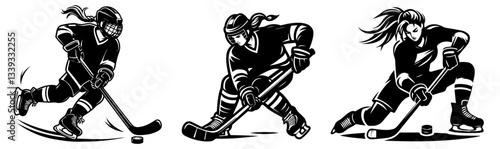 female hockey player illustrations in action poses vector