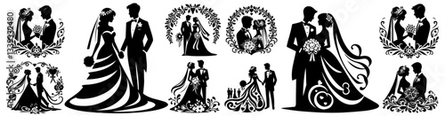 bride and groom wedding silhouettes in romantic scenes and floral frames