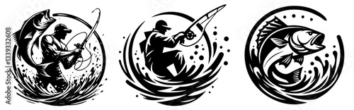black and white fishing illustrations with anglers and fish in motion