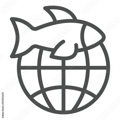Fish with world globe line icon, world fisheries concept. Vector graphics. Global fishery sign on white background, outline style icon for mobile or web design.