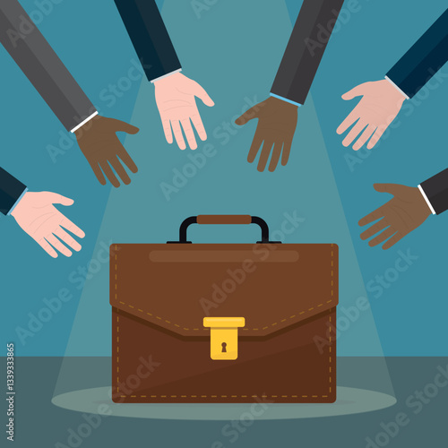 Employee hands reach for job or career briefcase, student finding job after graduated or company vacancy. Job seekers hands trying catch business case. recruitment concept.