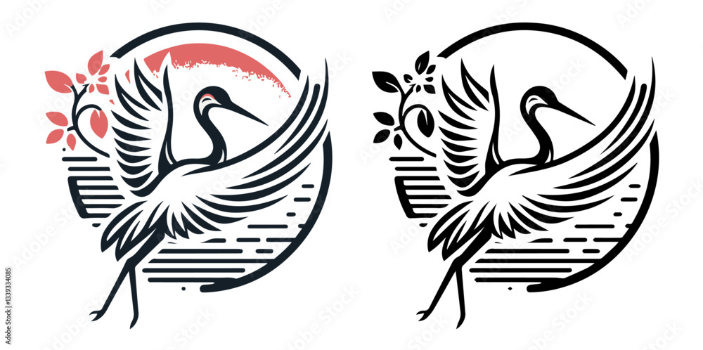 Obraz premium crane bird silhouette with floral circle frame for laser cutting and engraving monochrome vector