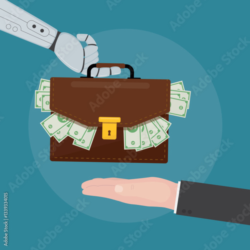 Artificial intelligence make money, payment, automation investment, robot trading or banking concept, AI robot, chat bot hand giving business case with money to businessman.