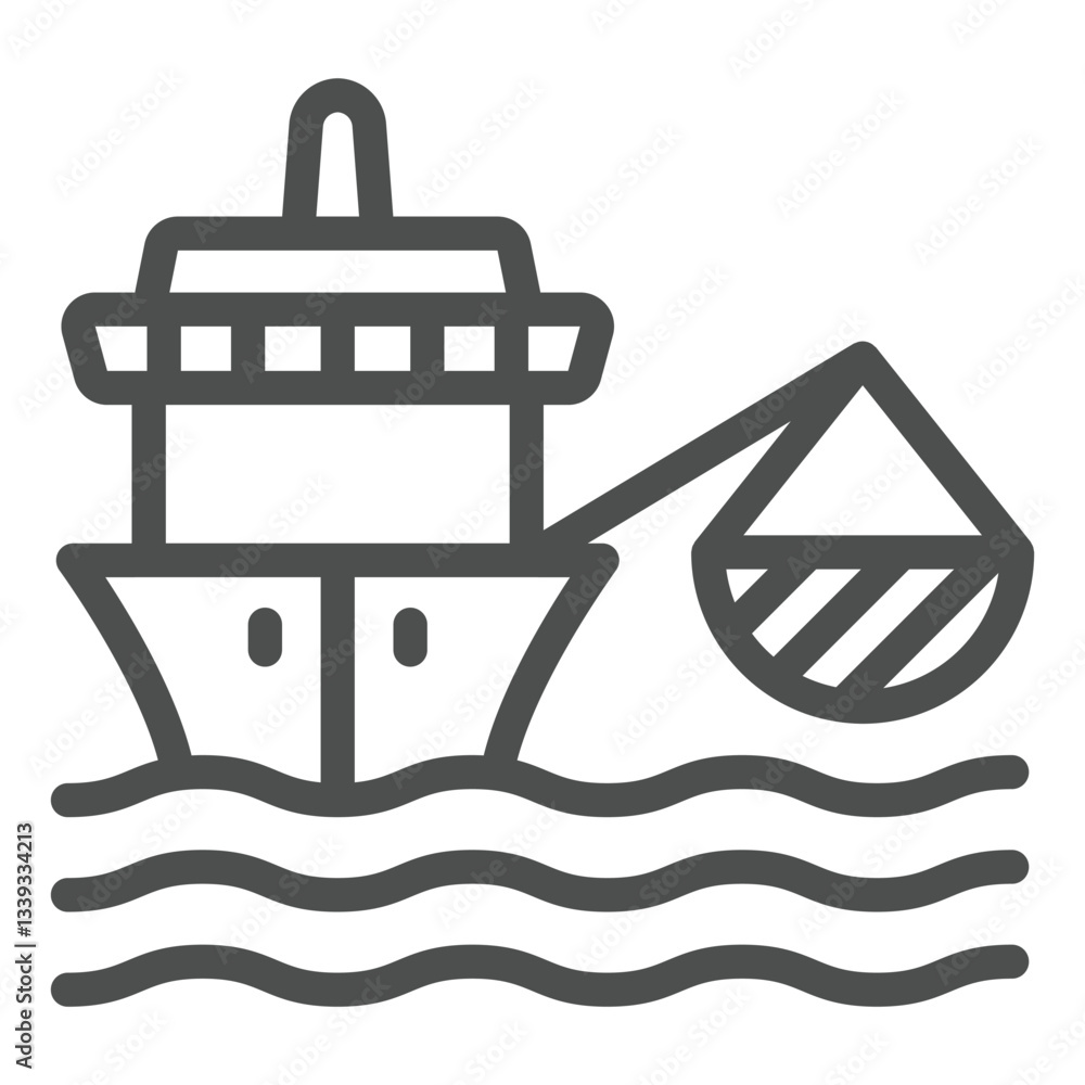 Fototapeta premium Ship with net line icon, fishing concept. Vector graphics. Fisher man boat at sea sign on white background, outline style icon for mobile or web design.