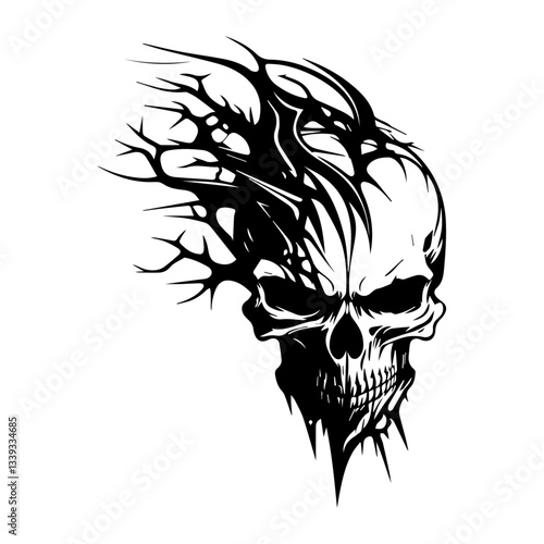 skull with exploding organic thorns and abstract fragmented design