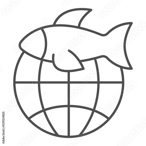 Fish with world globe thin line icon, world fisheries concept. Vector graphics. Global fishery sign on white background, outline style icon for mobile or web design.
