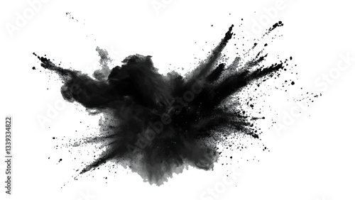 Explosive black powder burst against a white background. Closeup of black dust particles explode isolated on white background.	