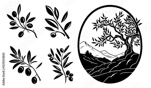 olive tree and branch silhouette set mediterranean plant shape for laser cutting and engraving black and white vector illustrations