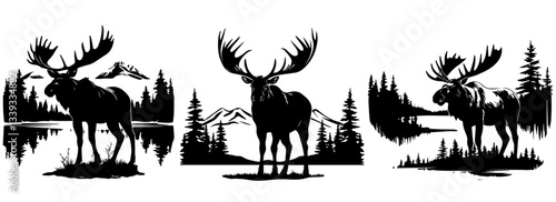 moose in forest landscape silhouette set wildlife shape for laser cutting and engraving black and white vector illustrations