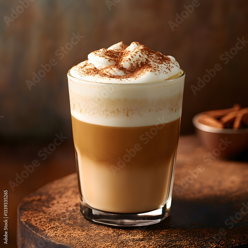 Creamy latte topped with cocoa powder, served in a glass on a rustic wooden table with spices